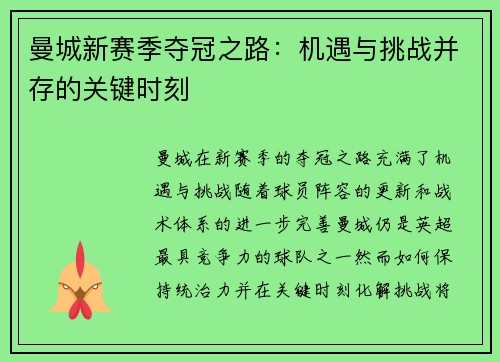 曼城新赛季夺冠之路：机遇与挑战并存的关键时刻