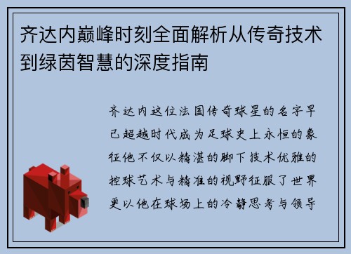 齐达内巅峰时刻全面解析从传奇技术到绿茵智慧的深度指南